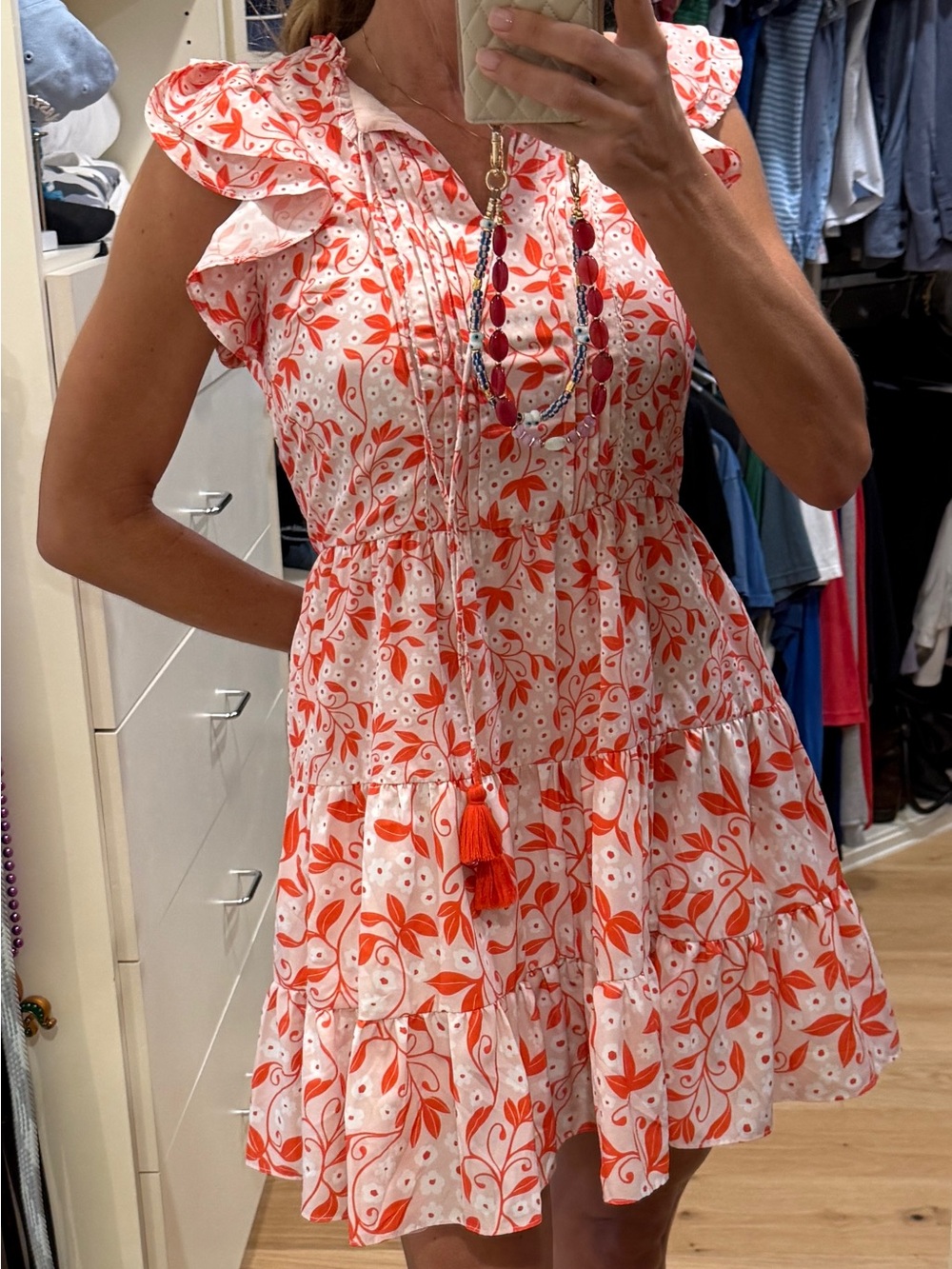 Celina Moon Floral Tassel Mini Dress Pink Orange Flutter Sleeve Size Small
